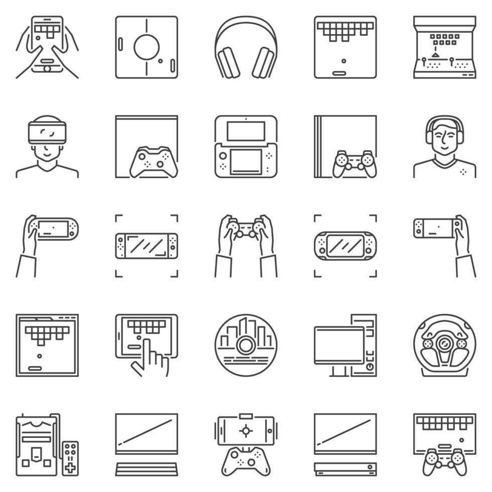 Video game outline vector icons set. PC, console concept signs