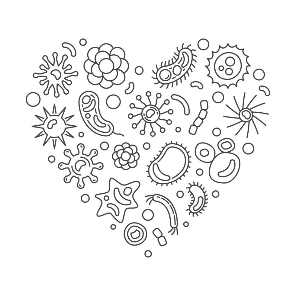 Virus and Microbe icons in Heart shape vector line illustration