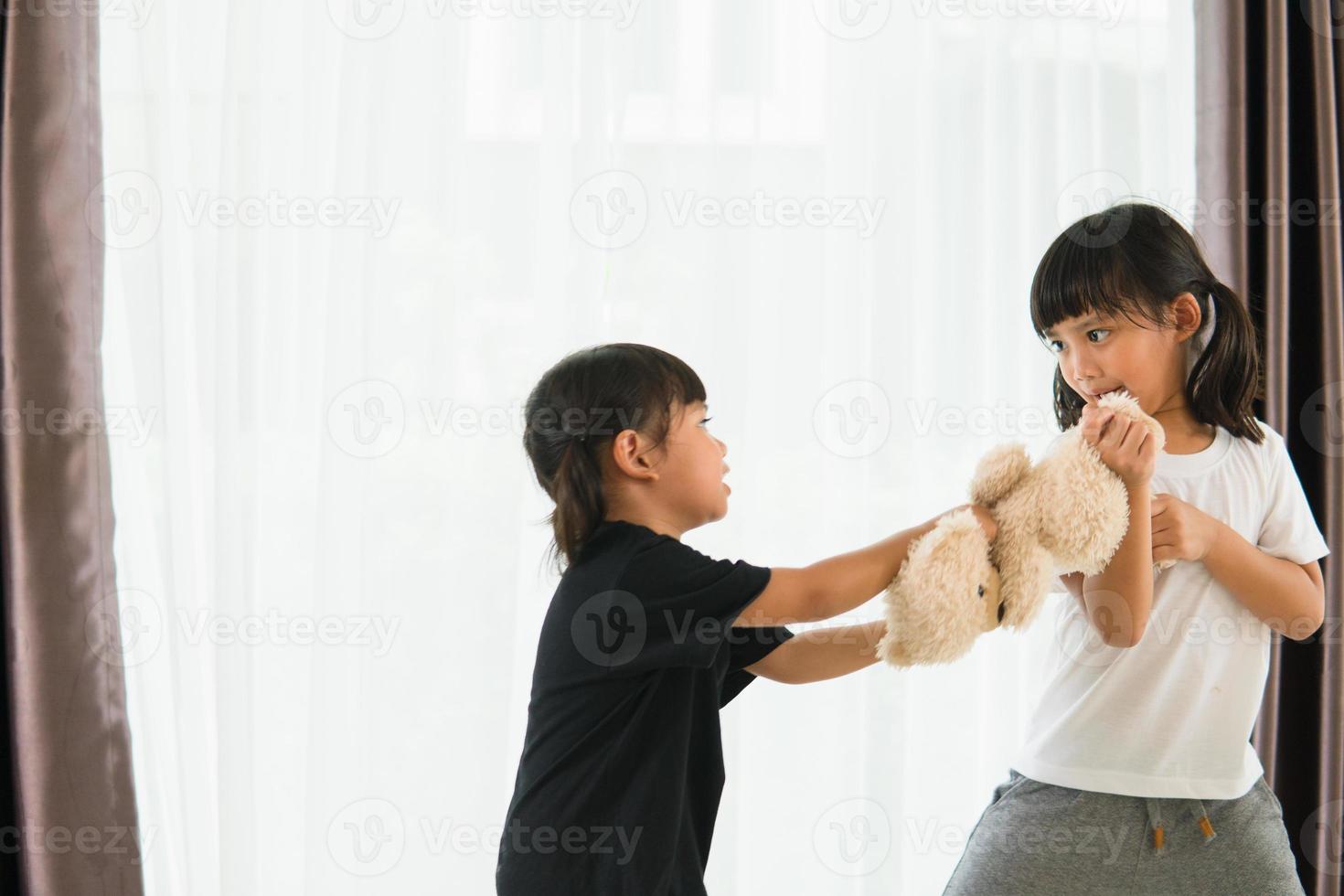 two little girl fighting over bear photo