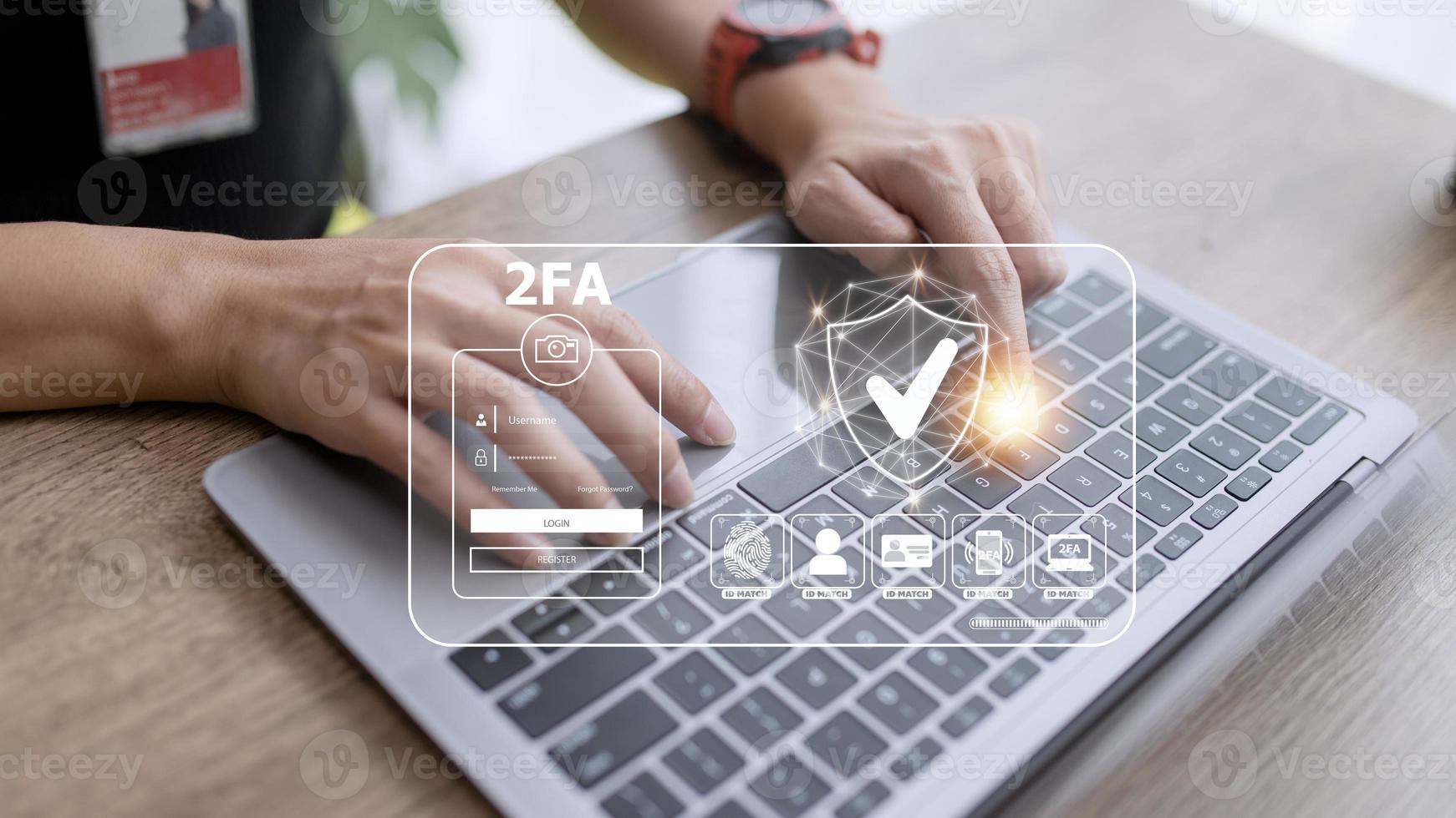 2FA increases the security of your account, Two-Factor Authentication laptop screen displaying a 2fa concept, Privacy protect data and cybersecurity. photo