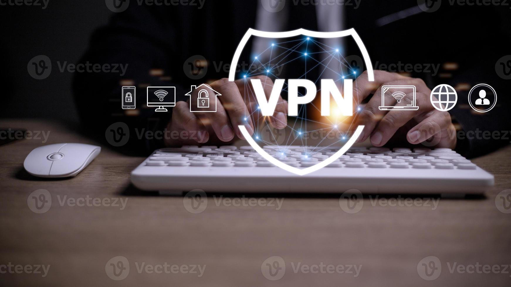 VPN secure connection concept. Person using Virtual Private Network technology to create encrypted tunnel to remote server on internet to protect data privacy or bypass censorship photo