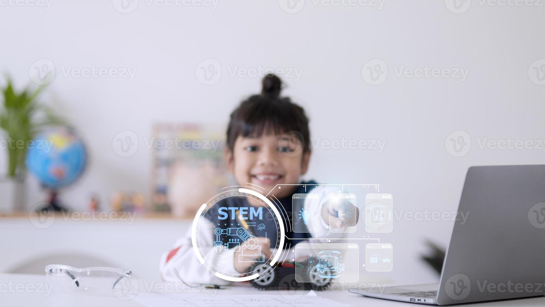 STEM school kids learning education technology building robot car creative ideas construction development programming analysis, graphical icons UI screen photo