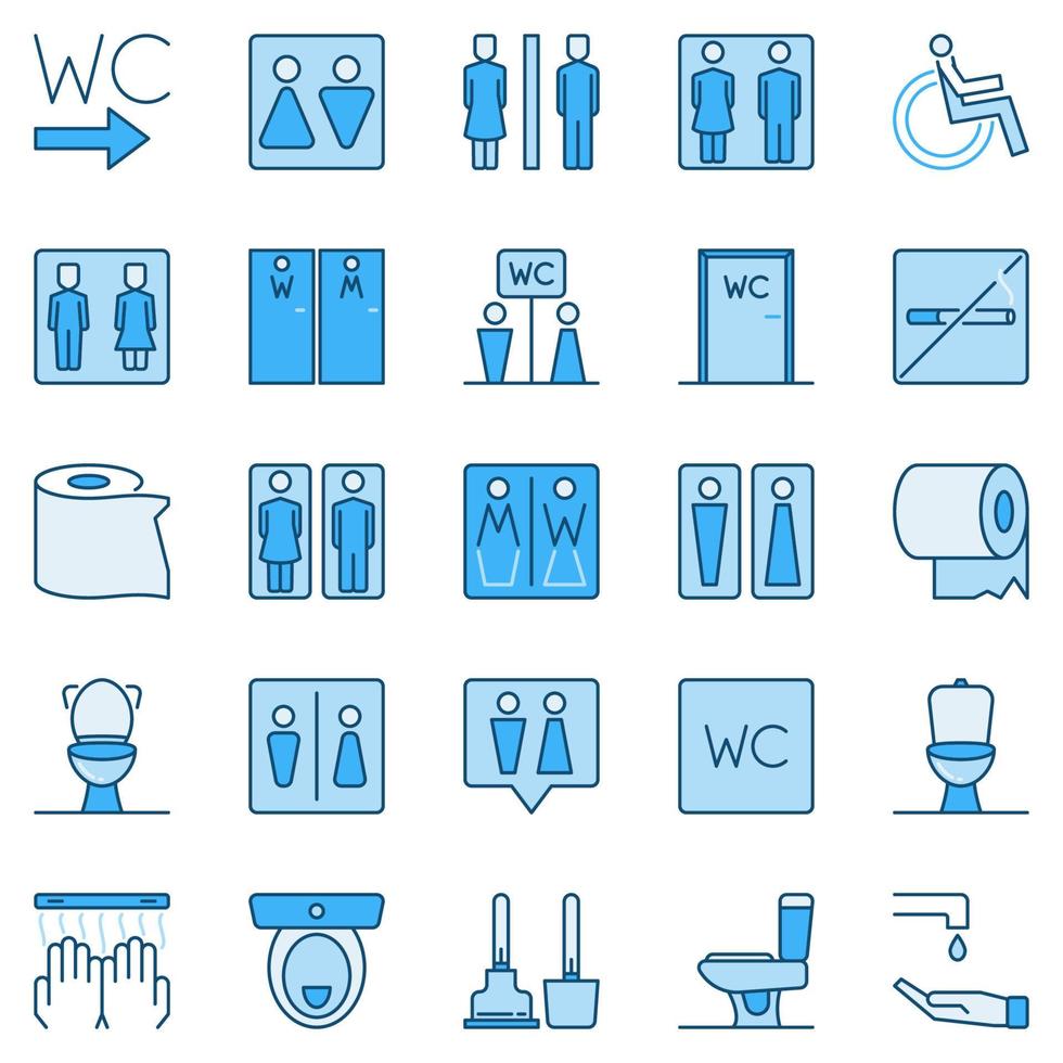 WC blue colored icons set - vector toilet concept signs
