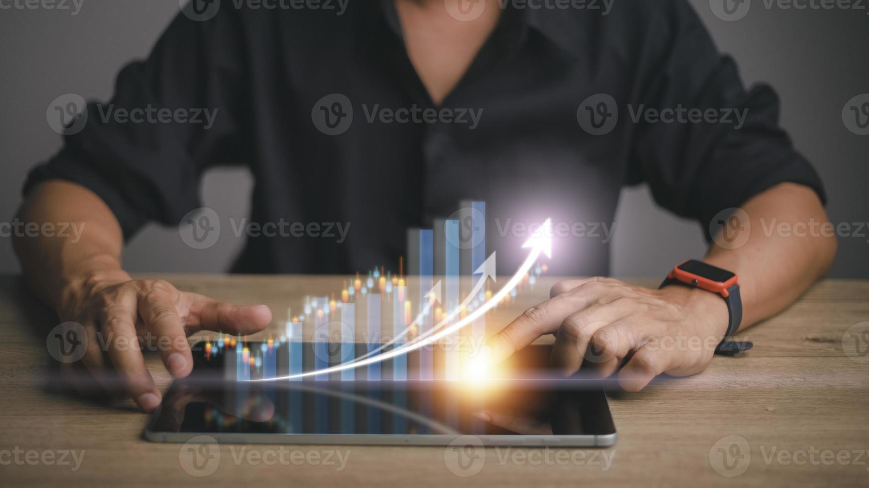 Startup concept with icon business and network connection on modern virtual interface from digital tablet.man touching on tablet. photo