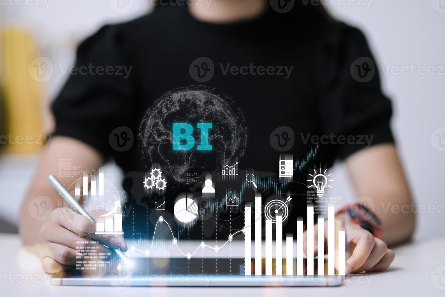 Business, Technology, Internet and network concept. people working on the future, select on the virtual display Business intelligence photo