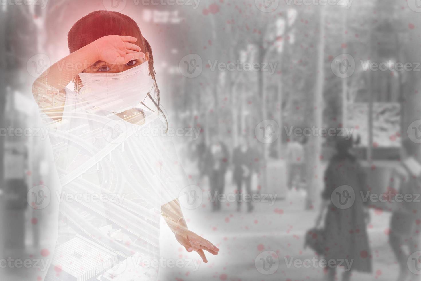 asia women wearing mask to prevent the virus PM2.5, Coronavirus, 2019-nCoV asian little girl feeling unwell and coughing as symptom for cold or pneumonia,bronchitis. photo