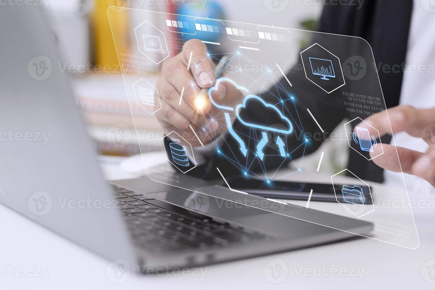 Cloud Computer technology and storage online for computer business network ideas connected to Internet server services for cloud transfer shown in the future Network of Data. photo