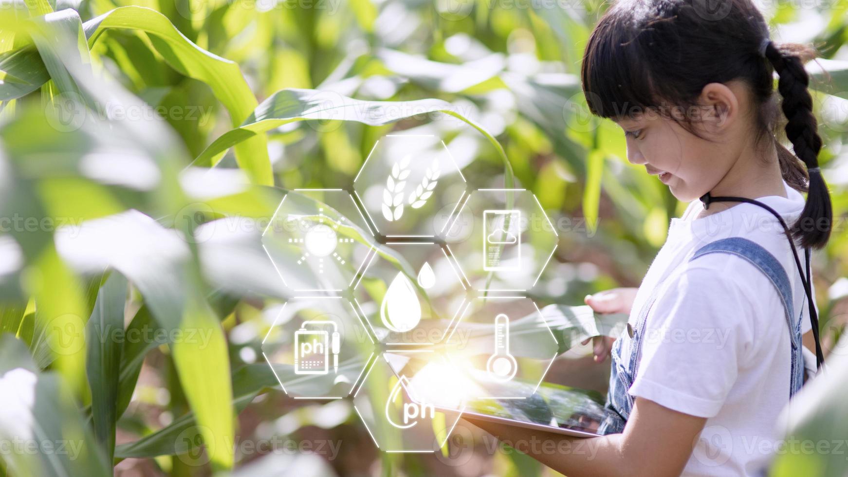 The little girl uses a tablet to analyze the growth of plants in the agricultural plot and visual icon., the agricultural technology concept. smart farming learning Concept photo