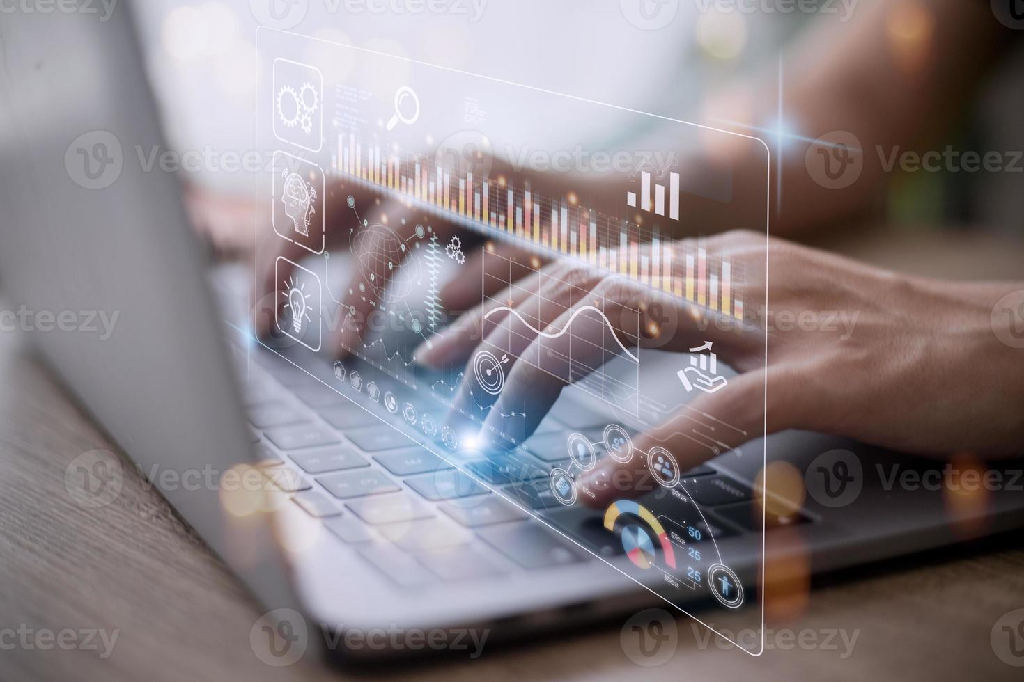 Data scientists. Man programmer using laptop analyzing and development at various information on futuristic virtual interface screen. Algorithm. marketing and deep learning of artificial intelligence photo