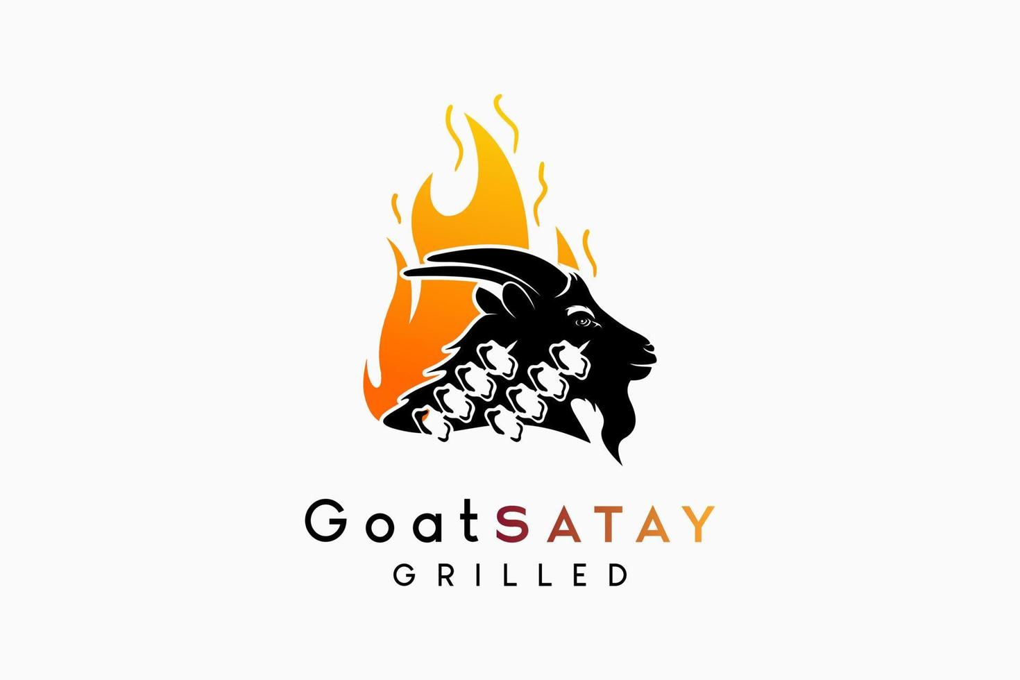 Goat satay or animal satay design, the silhouette of a goat's head blends with the satay icon in the fire icon vector