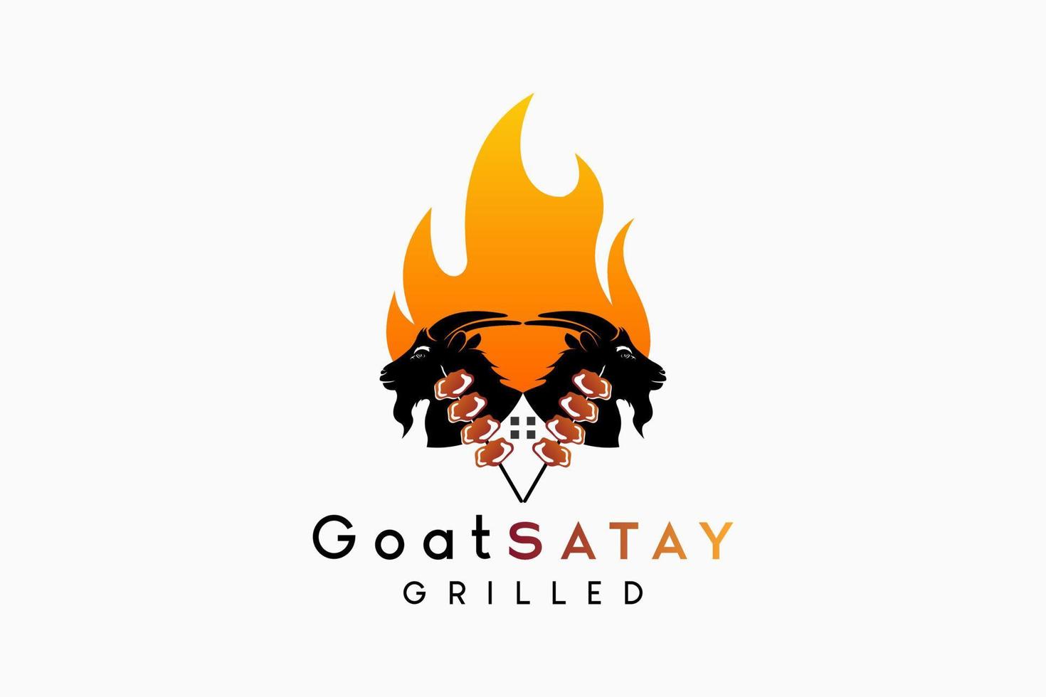 Goat satay or animal satay design, silhouette of goat's head combined with satay icon in fire in retro color vector