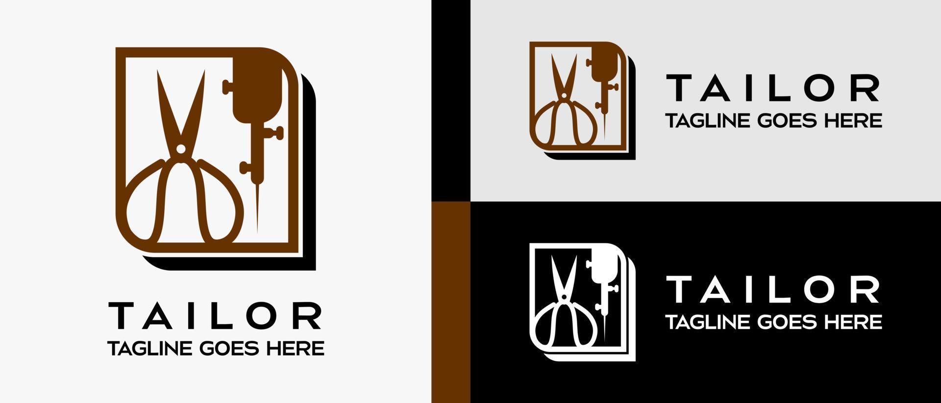 scissors and sewing machine icon in a box logo design template for