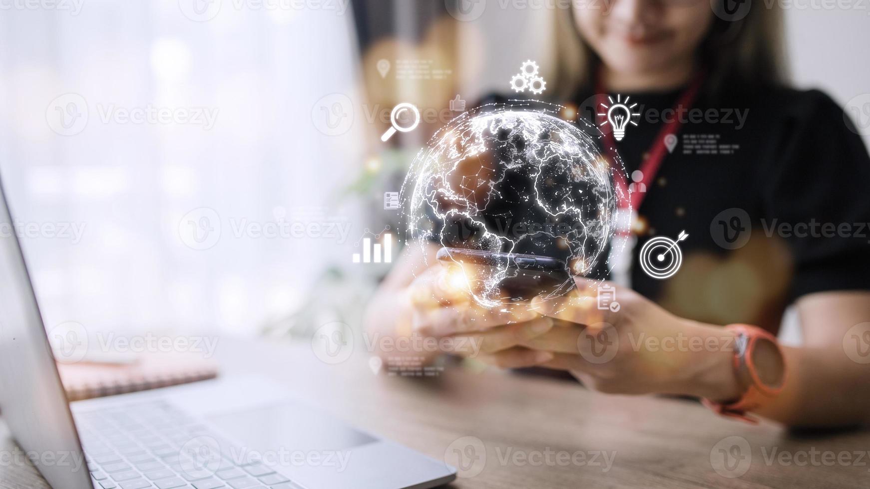 People use mobile smartphones. Business global internet connection application technology and digital marketing, Financial and banking, Digital link tech, big data. photo
