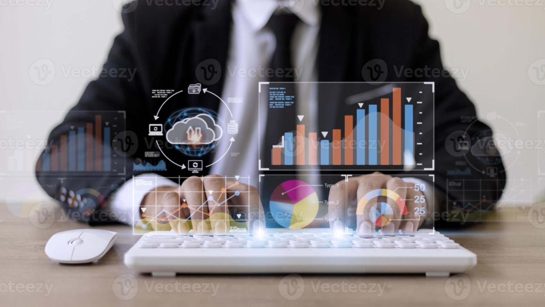 Analyst working with Business Analytics and Data Management System on computer, make a report with KPI and metrics connected to database. Corporate strategy for finance, operations, sales, marketing. photo