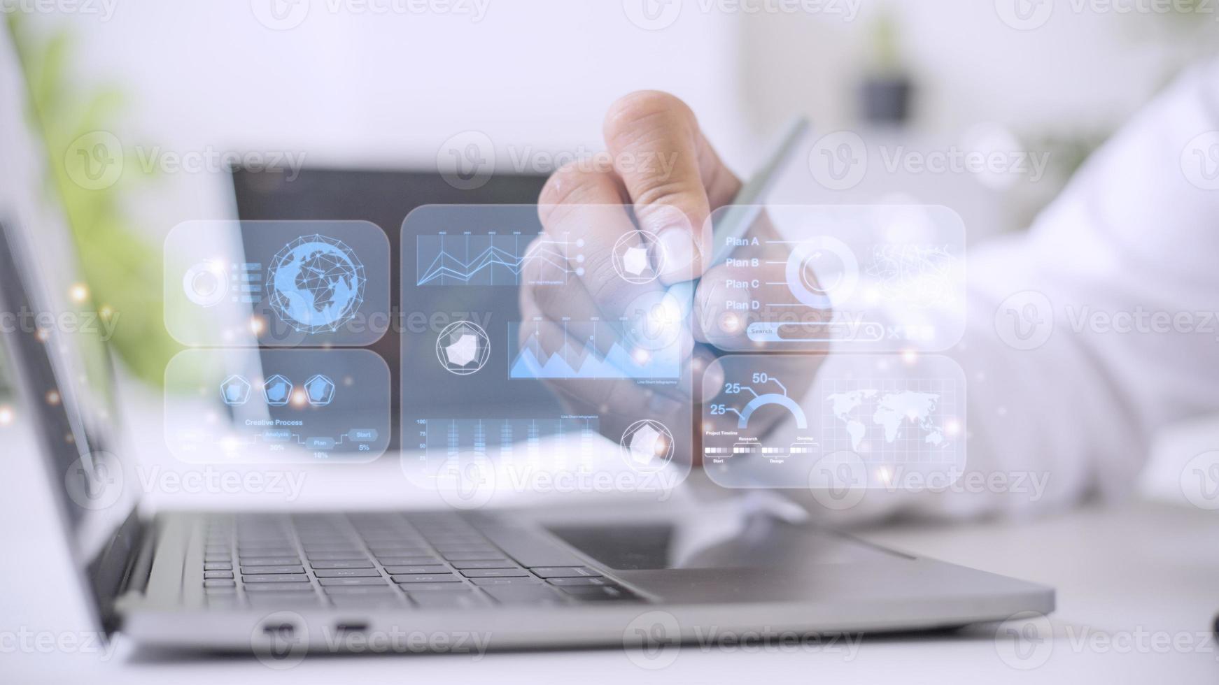 Advisor using KPI Dashboard on virtual screen.Business finance data analytics graph.Financial management technology. photo