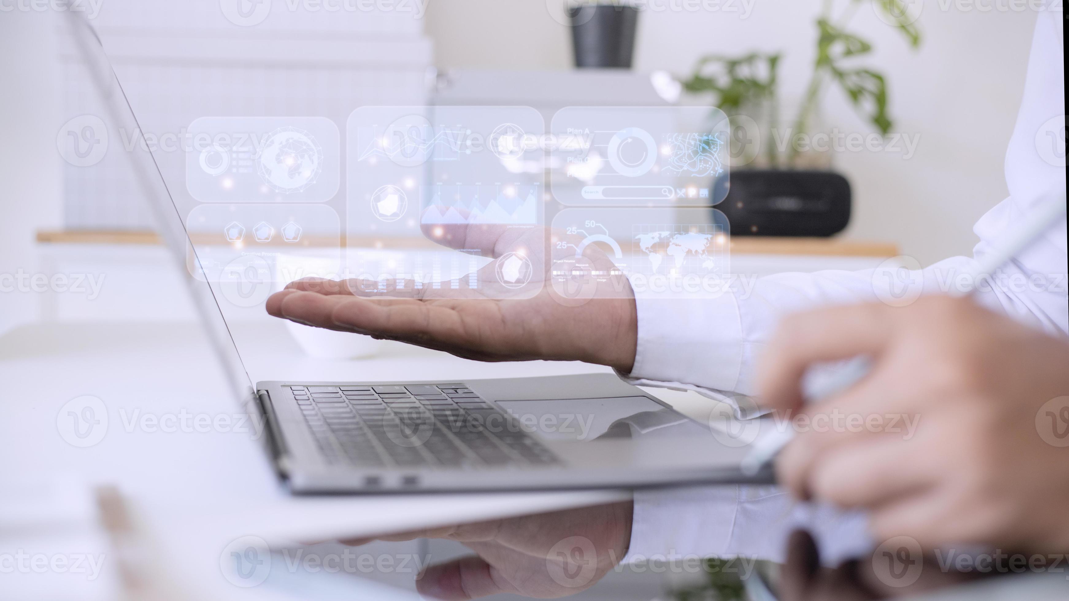 Advisor using KPI Dashboard on virtual screen.Business finance data