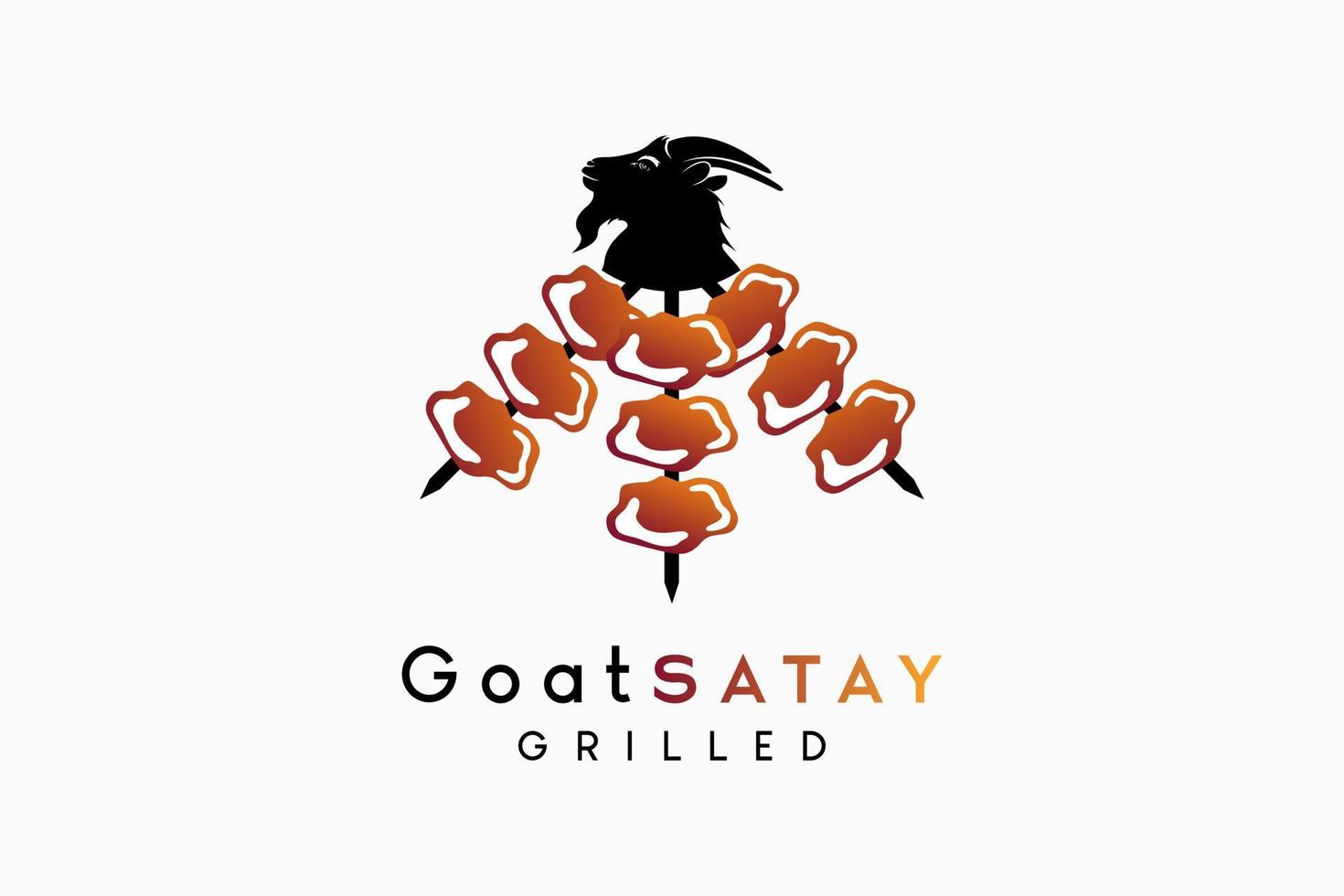 satay de cabra o diseño de satay animal, silueta de cabeza de cabra con icono de satay en un concepto creativo vector