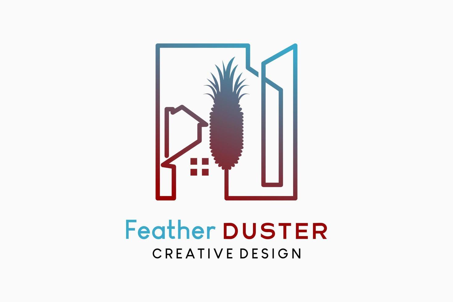 diseño de logotipo de plumero de pluma ilustración de limpiador de polvo tradicional, silueta de un plumero de pluma combinado con iconos de casa y construcción en el arte lineal vector