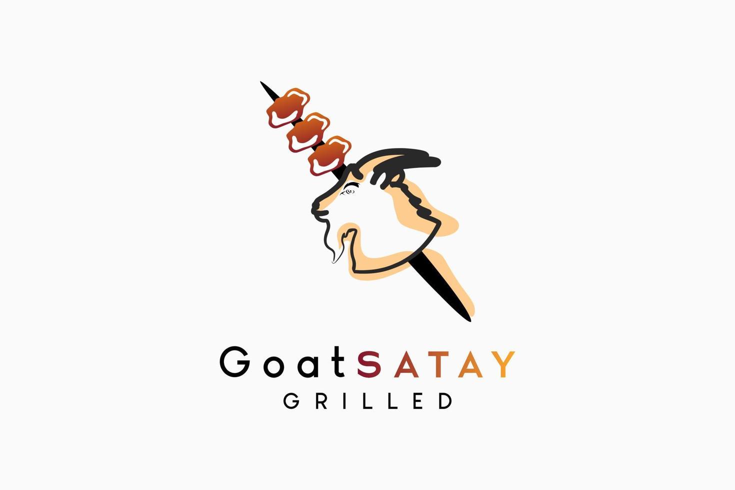 Goat satay or animal satay design, silhouette of goat's head combined with satay icon in hand drawn creative concept vector