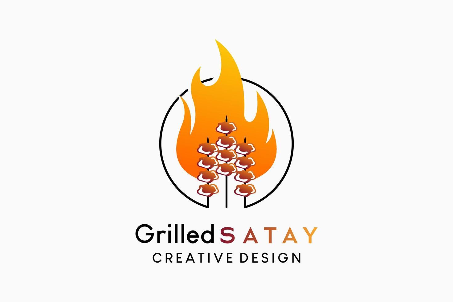 Grilled satay logo design with creative concept, satay icon and fire in a circle vector