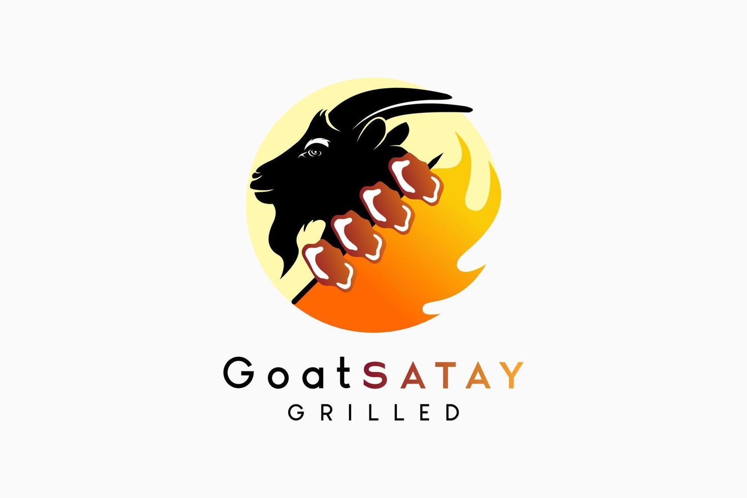 Goat satay or animal satay design, goat head silhouette combined with satay and fire icons in a creative concept vector