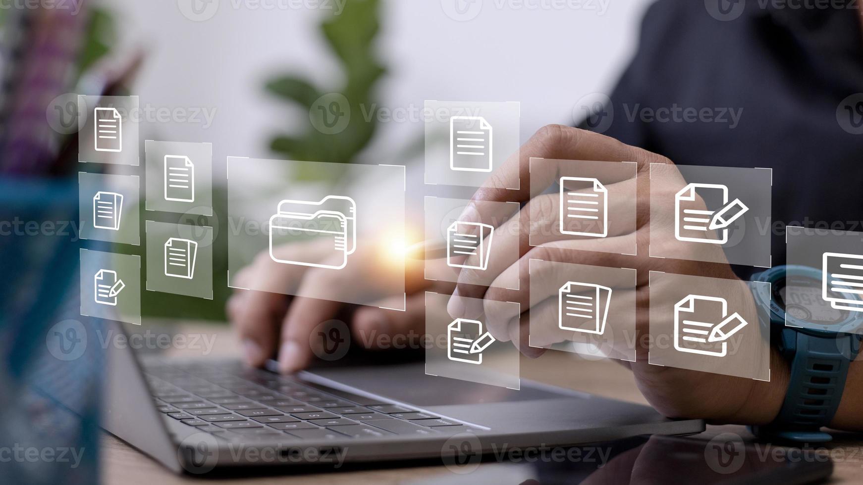 Businessman with Document Management System DMS Online Document Database and automated processes in file management Search and manage document database files online. photo