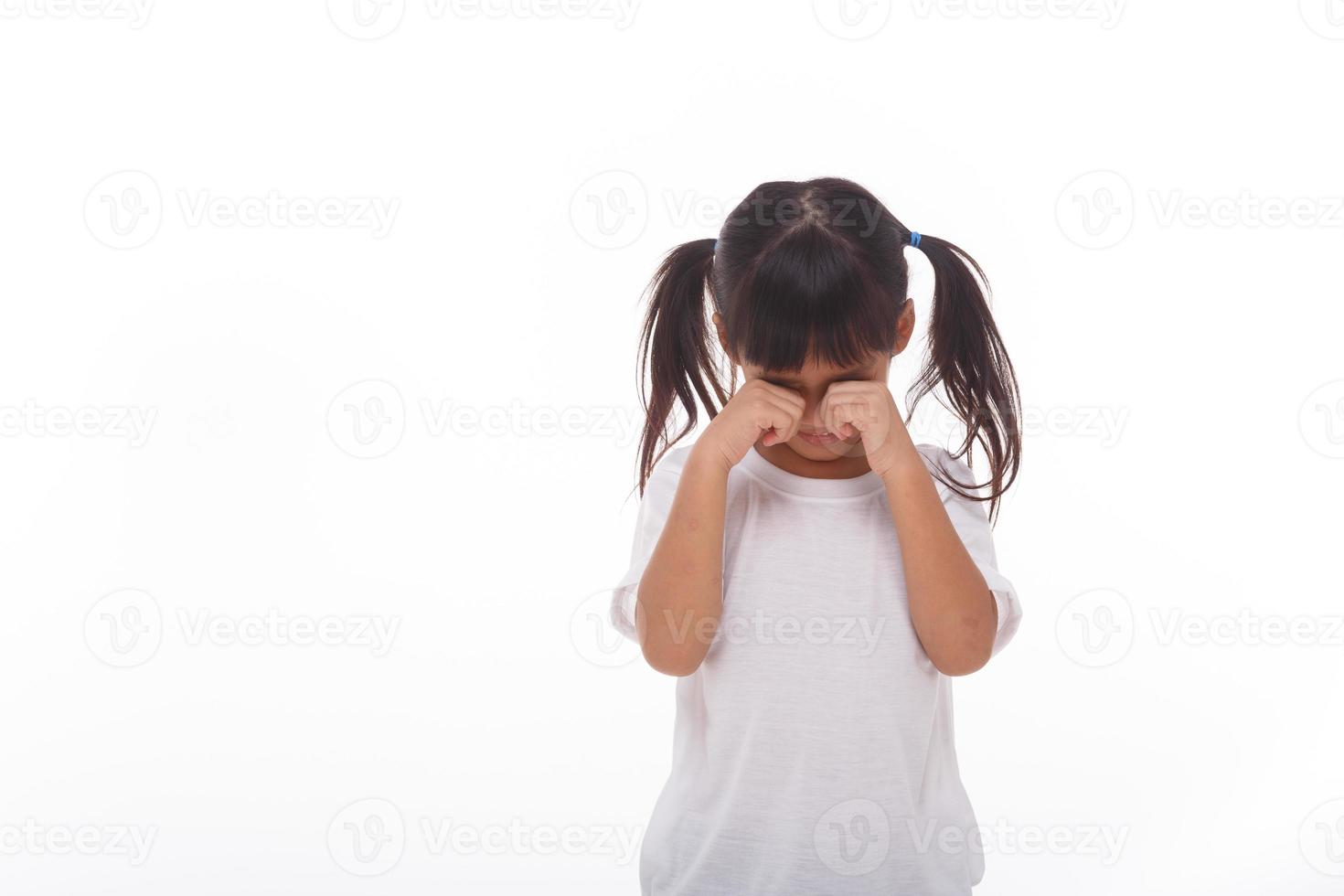 Portrait of little girl crying.on white background. photo