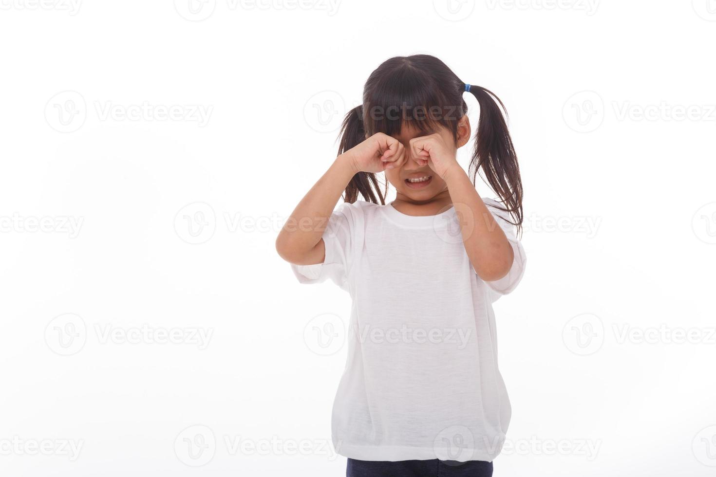 Portrait of little girl crying.on white background. photo