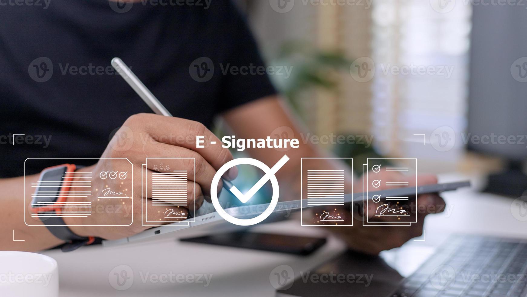 Online business contract Electronic signature, e-signing, digital document management, paperless office, signing business contract concept. photo