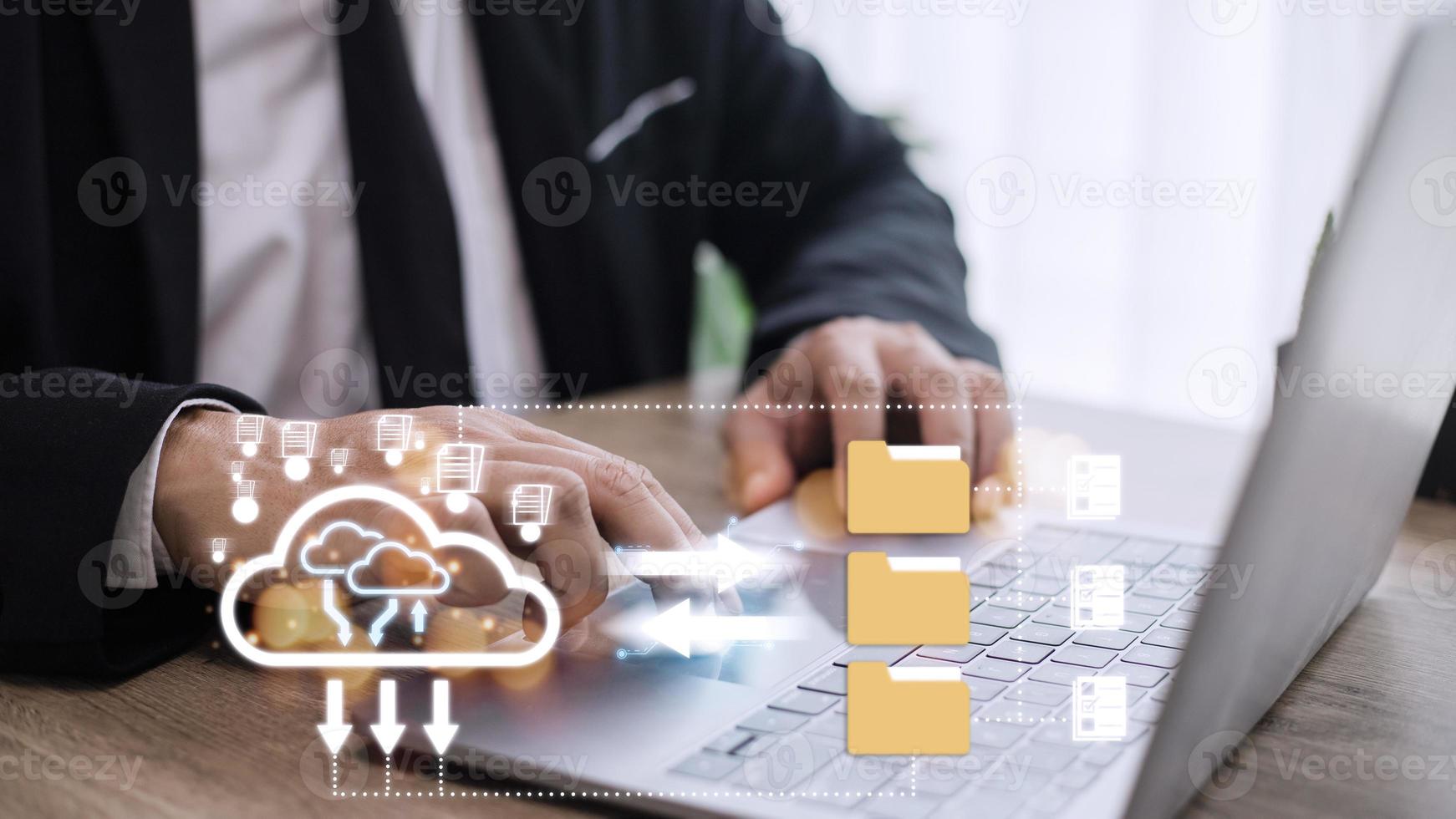 Cloud computing and online storage technologies, cloud computing and communications, connection to Internet server services for data transfer and data management. photo