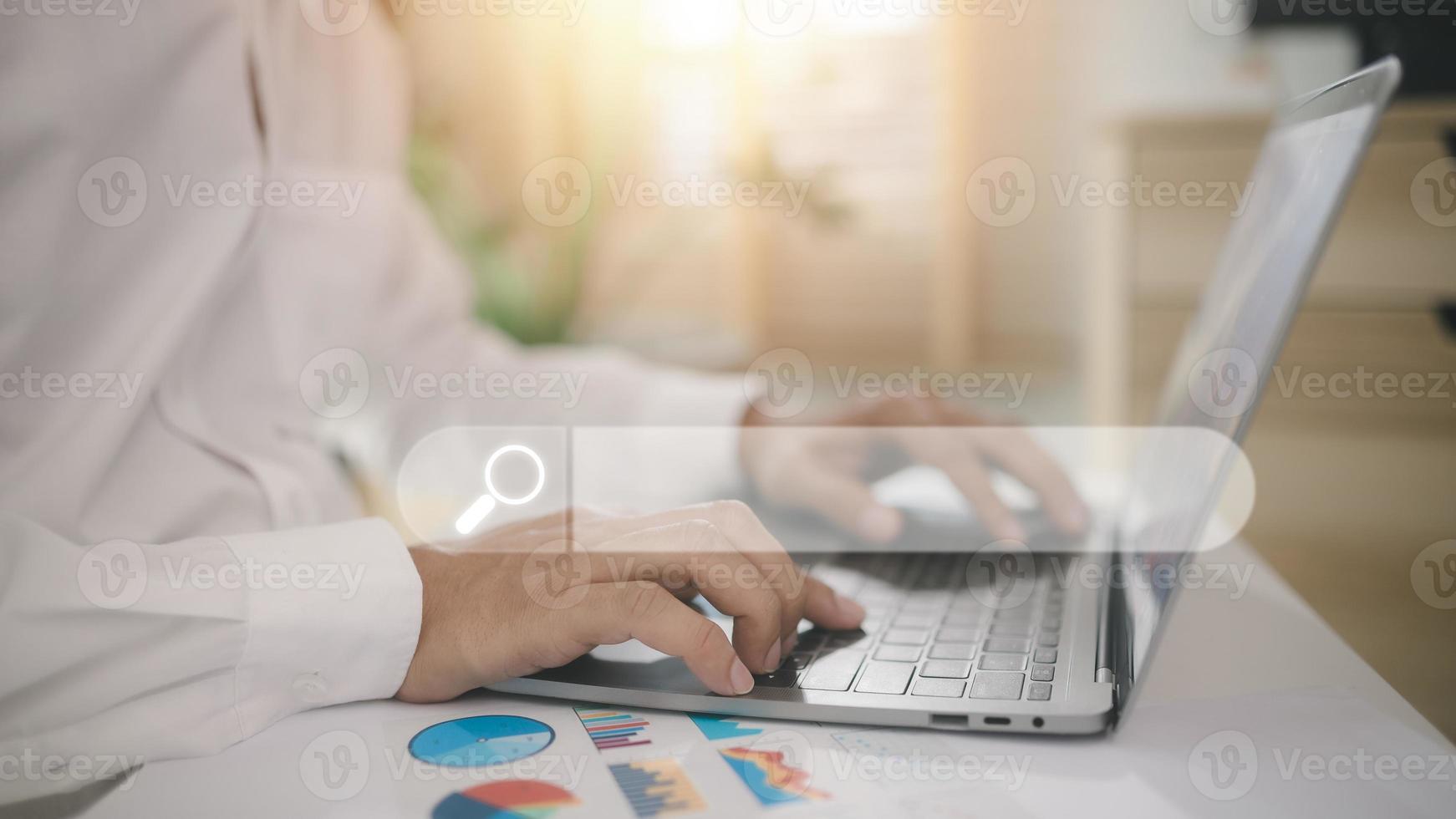 Searching Browsing Internet Data Information Networking Concept, Human hand use laptop to search the internet, Searching engine with blank search bar, Search engine optimization, SEO photo