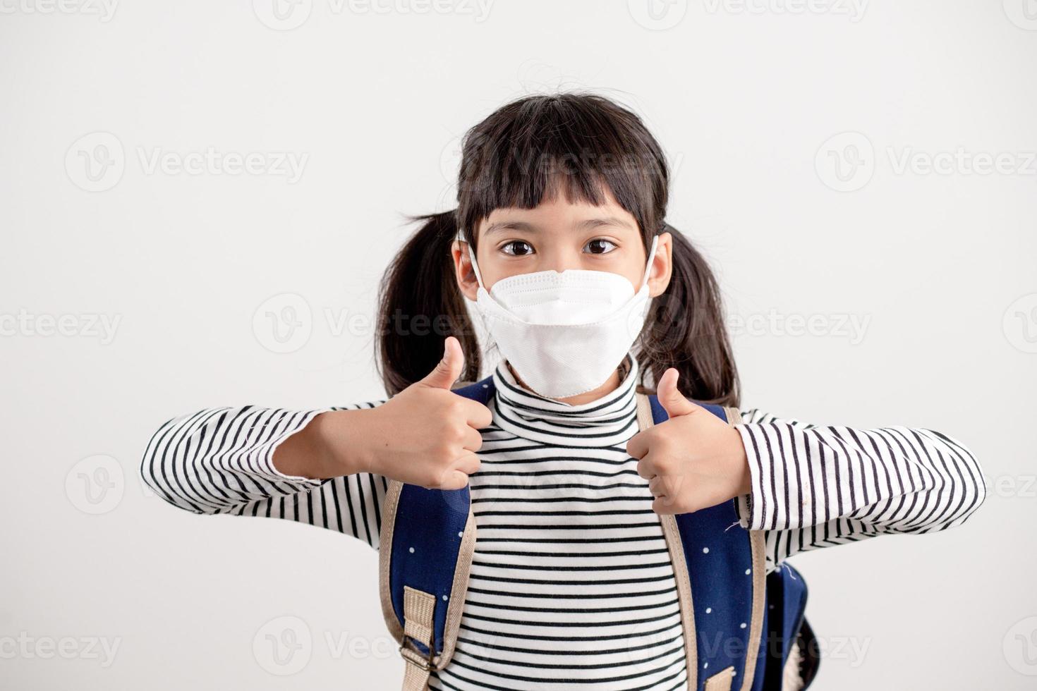 Child with face mask going back to school after covid-19 quarantine and lockdown. photo