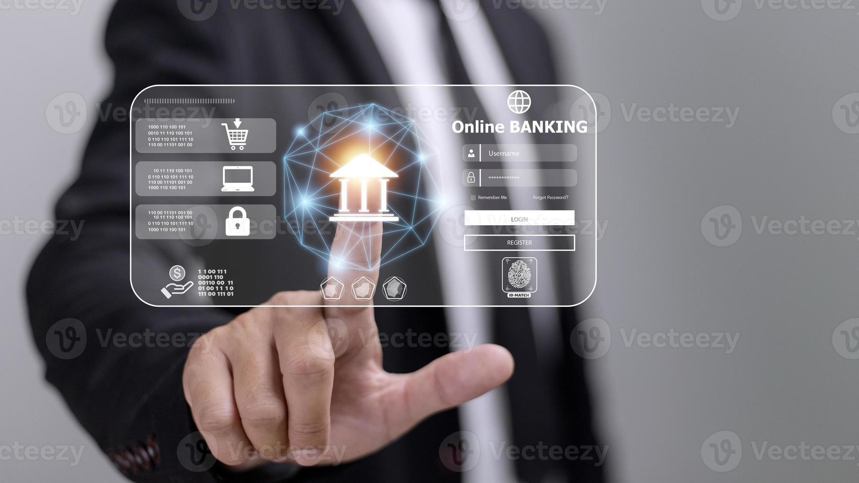 hombre de negocios tocando el icono de la banca en línea y la conexión de red de iconos, pagos en línea, compras y negocios de tecnología digital en la pantalla virtual de fondo azul oscuro. foto