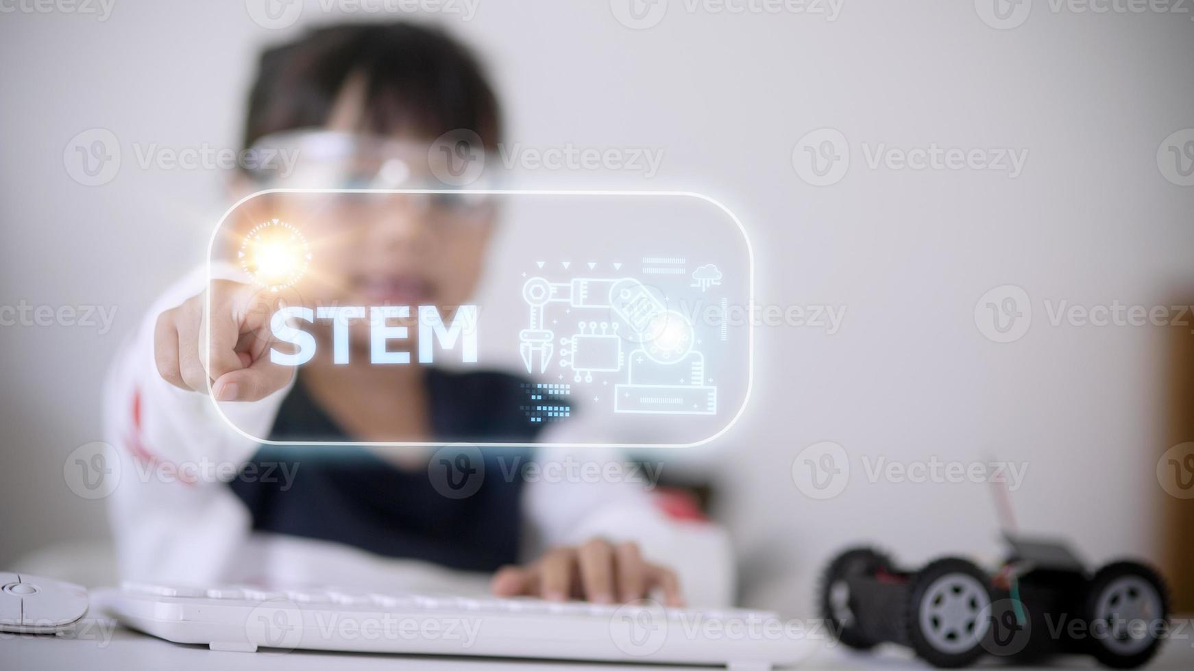 STEM school kids learning education technology building robot car creative ideas construction development programming analysis, graphical icons UI screen photo