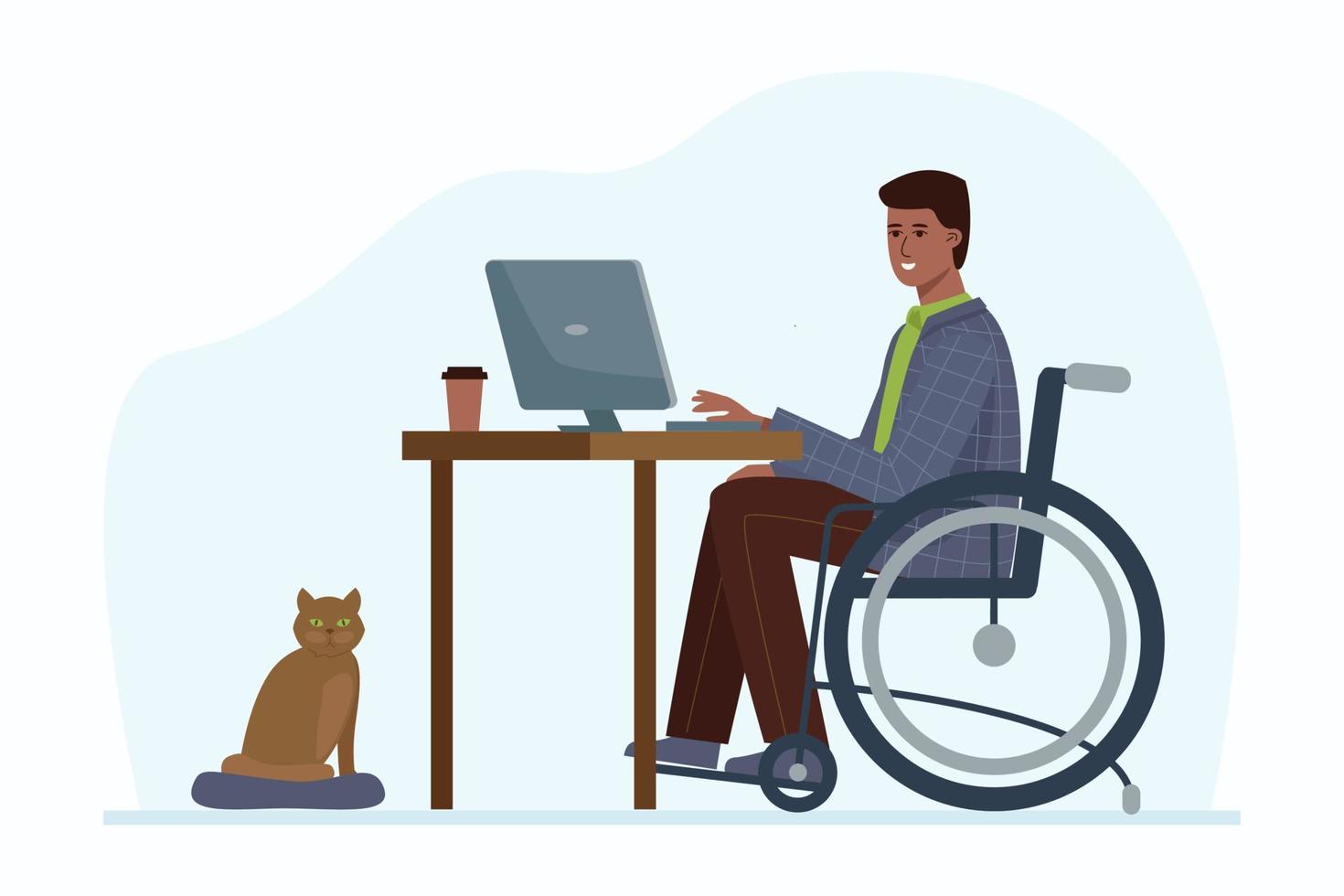wheelchair sits at a computer. Freelance, deisgner, programmer. vector