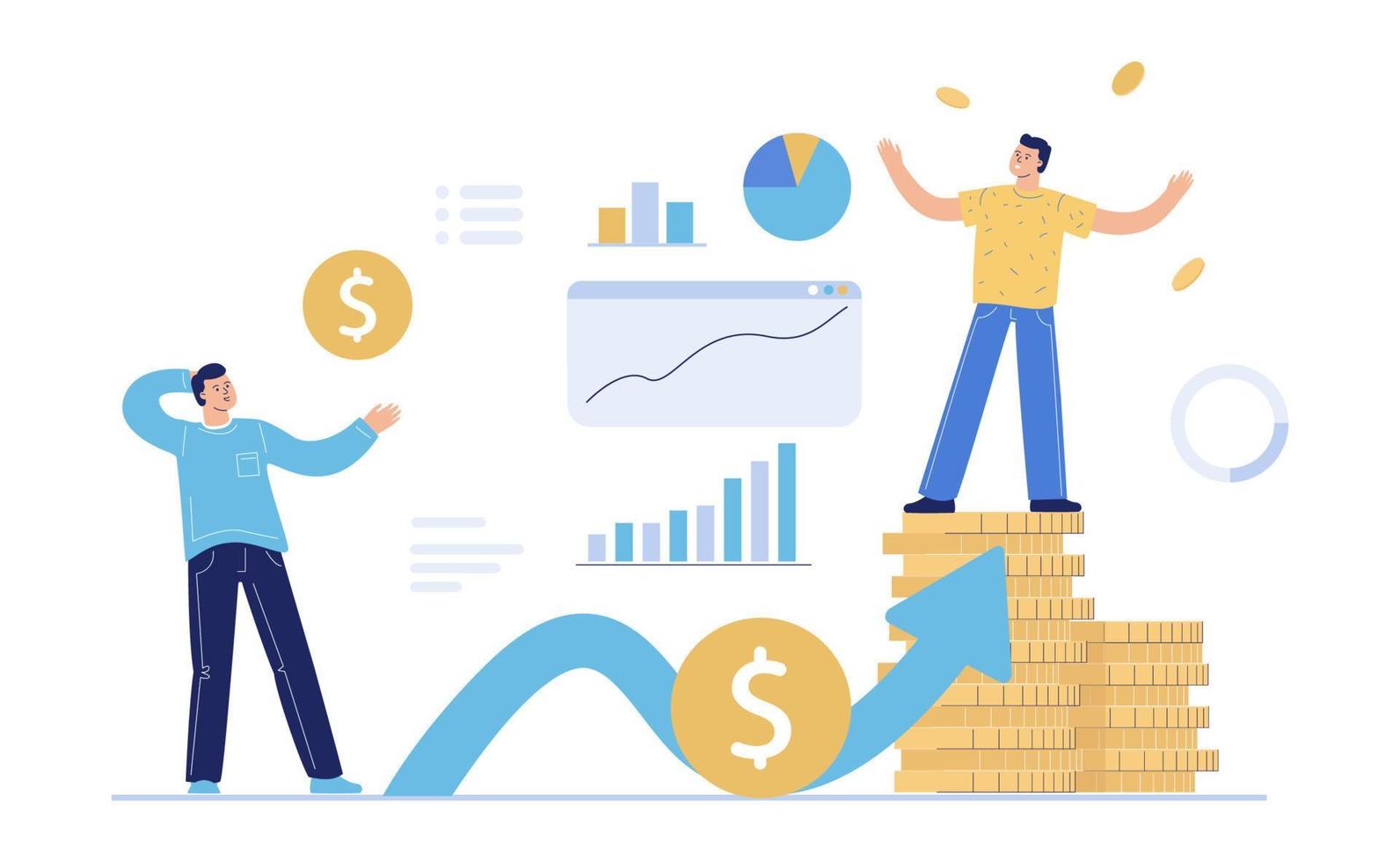 The concept of passive growing income. The character looks at a man standing on a stack of coins and showing off his capital. A symbol of profit and enrichment. vector