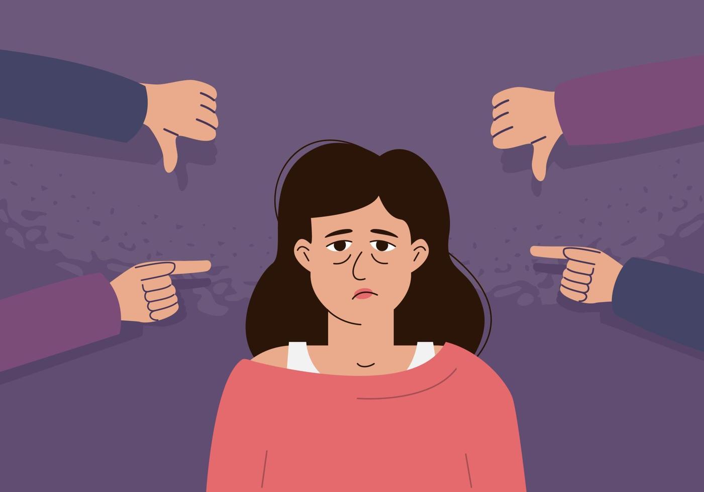 The concept of internal criticism, negative self-talk, bullying . The depressed woman is surrounded by mocking gestures. vector