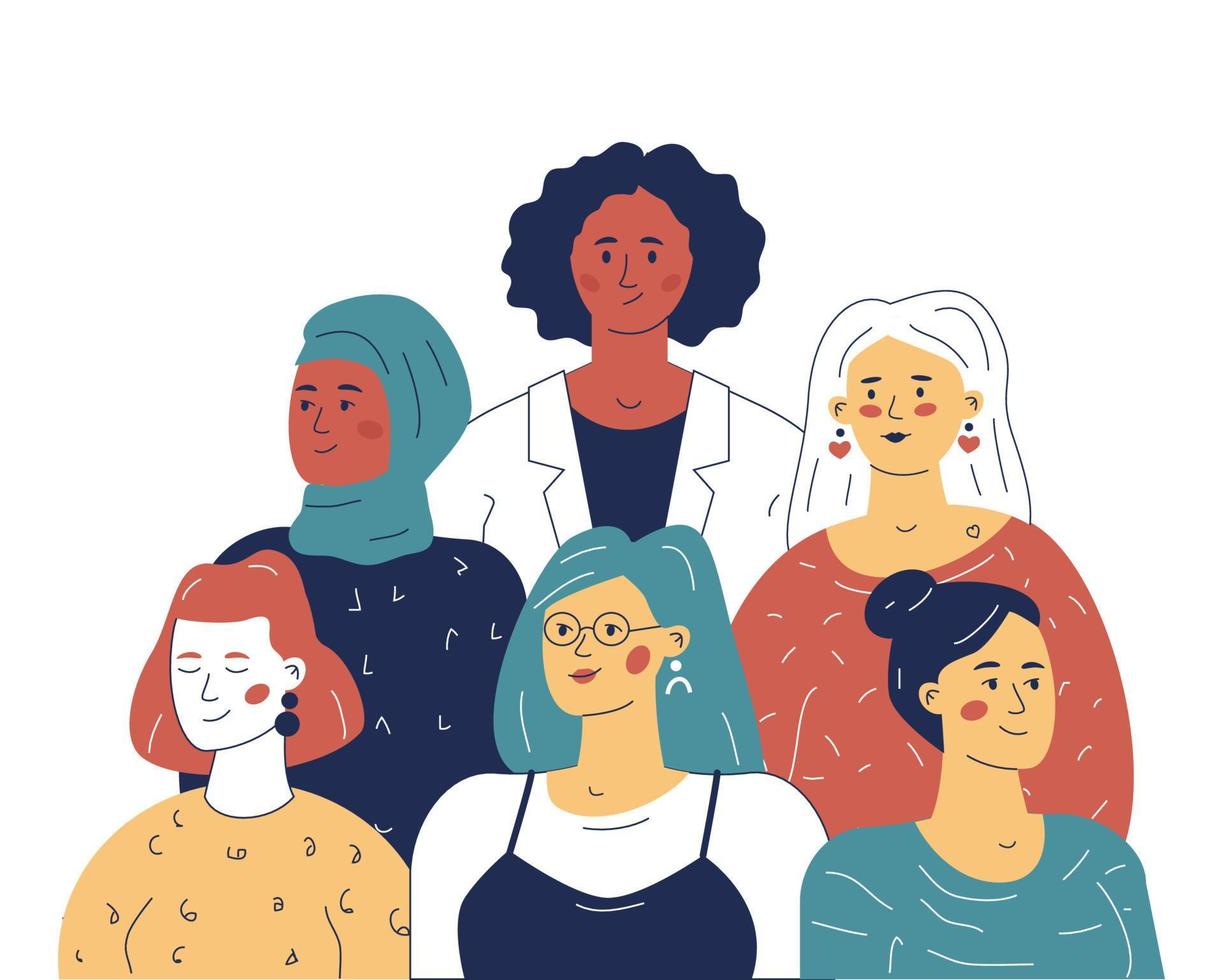 Multiethnic team of women leaders, the concept of equality in business. An illustration for a website or application. vector