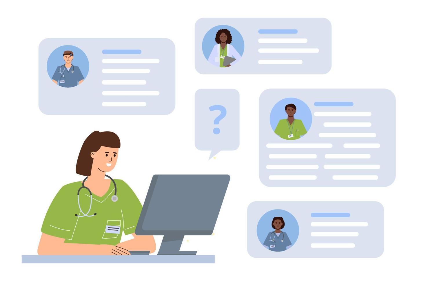 The doctor consults with colleagues online, the concept of a medical chat for support and advise. vector