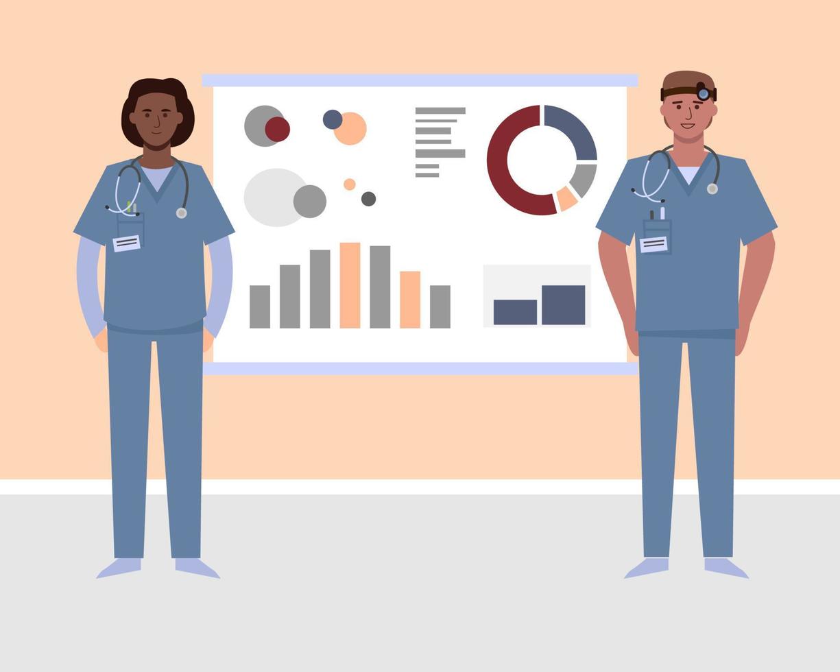 Health workers stand next to a chart board. Educational seminar, training and case analysis for doctors. vector