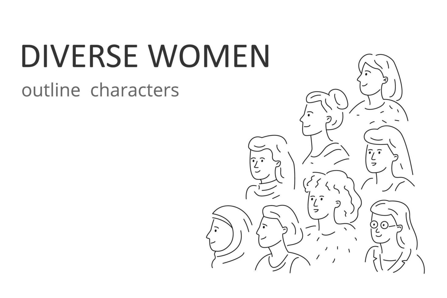 Various women, outline drawing characters for a website, an application. Vector illustration in a simple trending style.