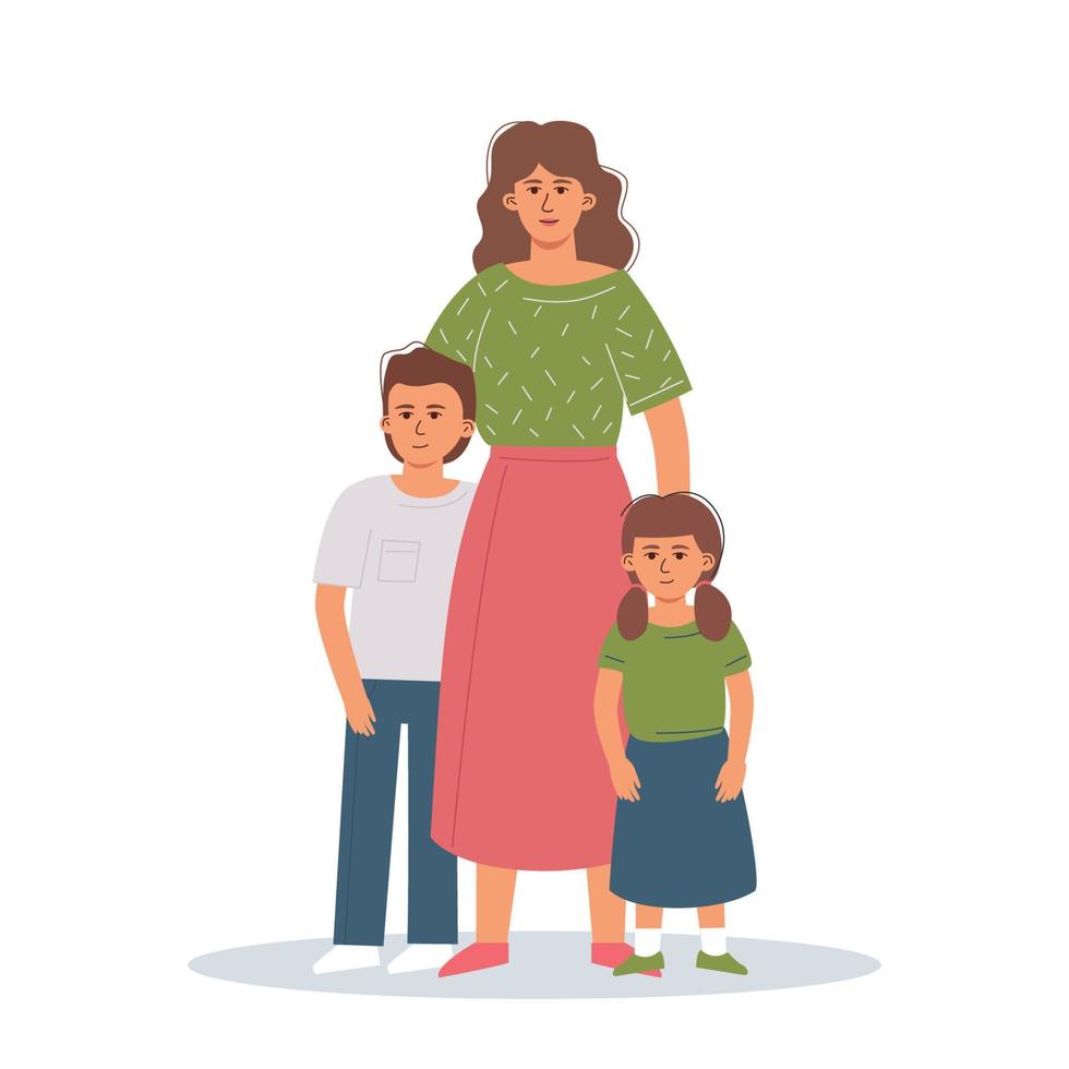 A single mother with her children are standing in an embrace. The concept of love and support in the family. vector