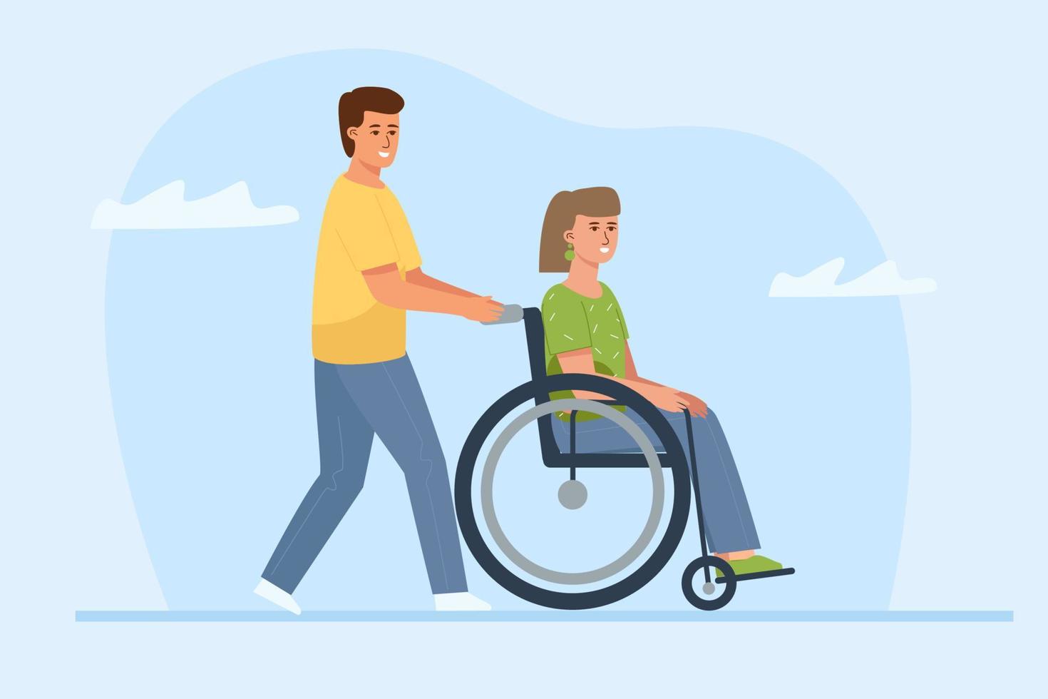 A man is pushing a wheelchair with a pretty young woman. A disabled person date. vector