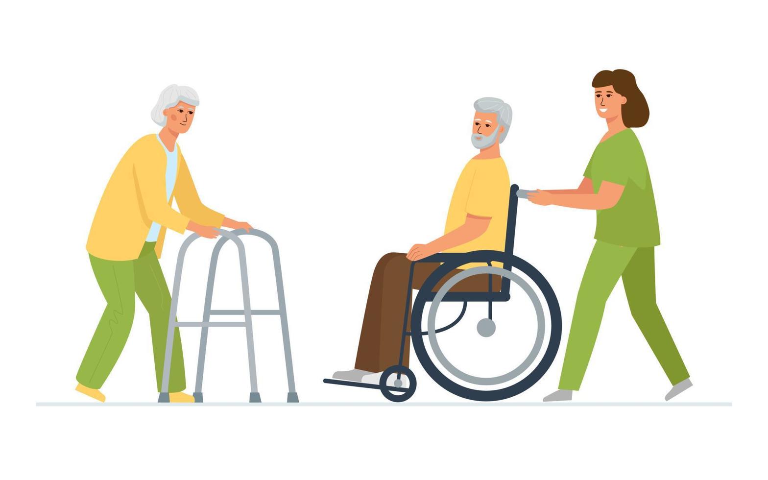 Disabled patients with a nurse. Meeting of an elderly couple in a nursing home, a woman with a walker, a man in a wheelchair. vector