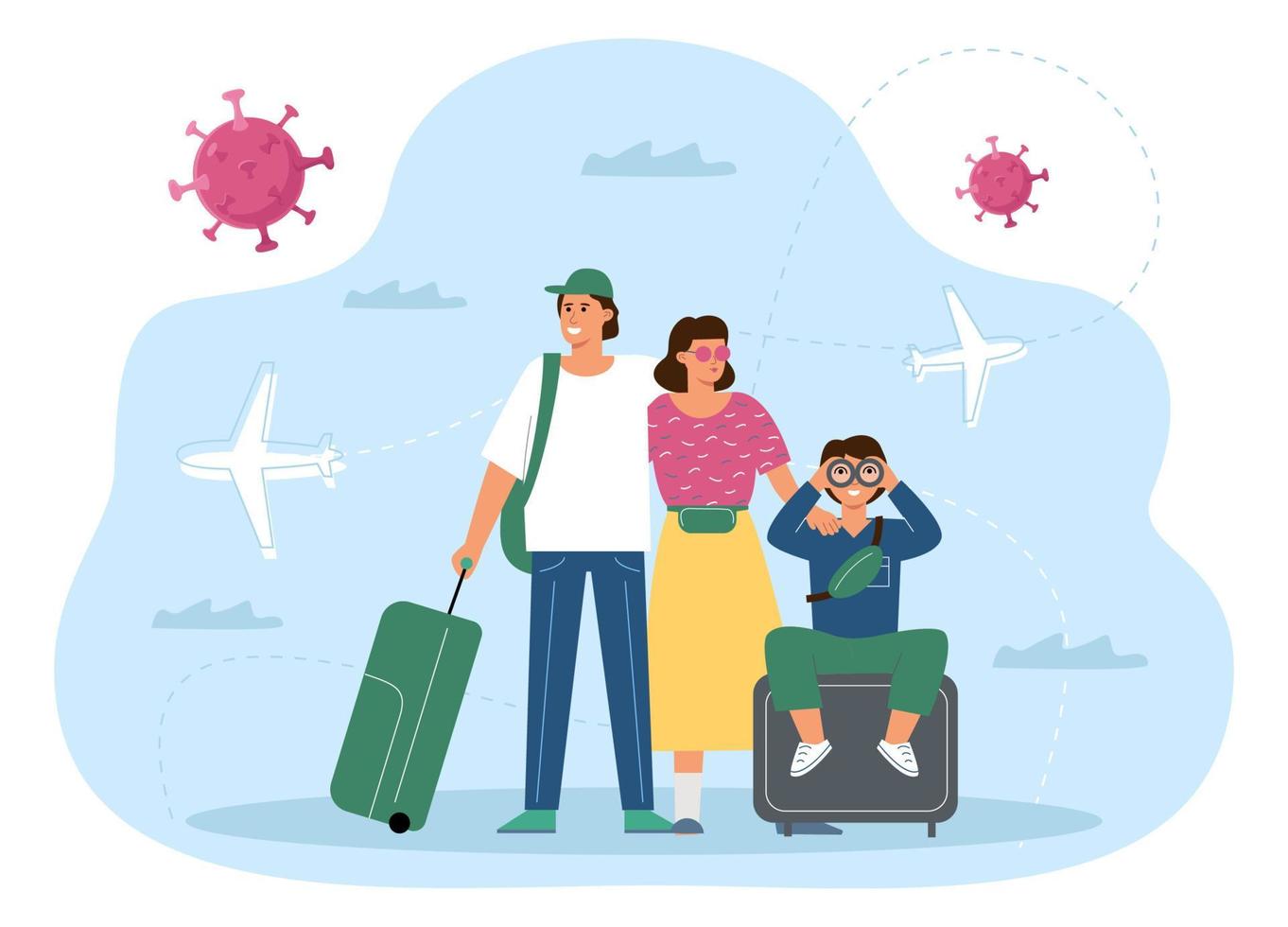 The concept of free travel after covid vaccination. A family vaccinated against coronavirus stands with suitcases at the airport. vector