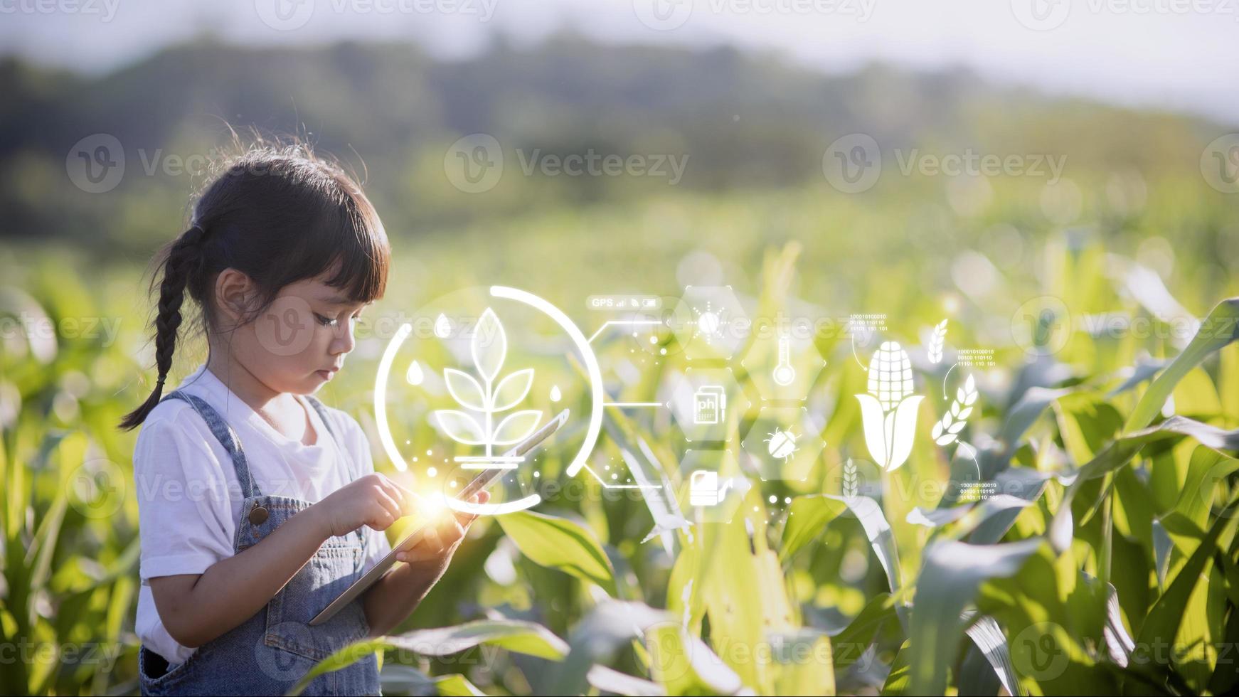 The little girl uses a tablet to analyze the growth of plants in the agricultural plot and visual icon., the agricultural technology concept. smart farming learning Concept photo