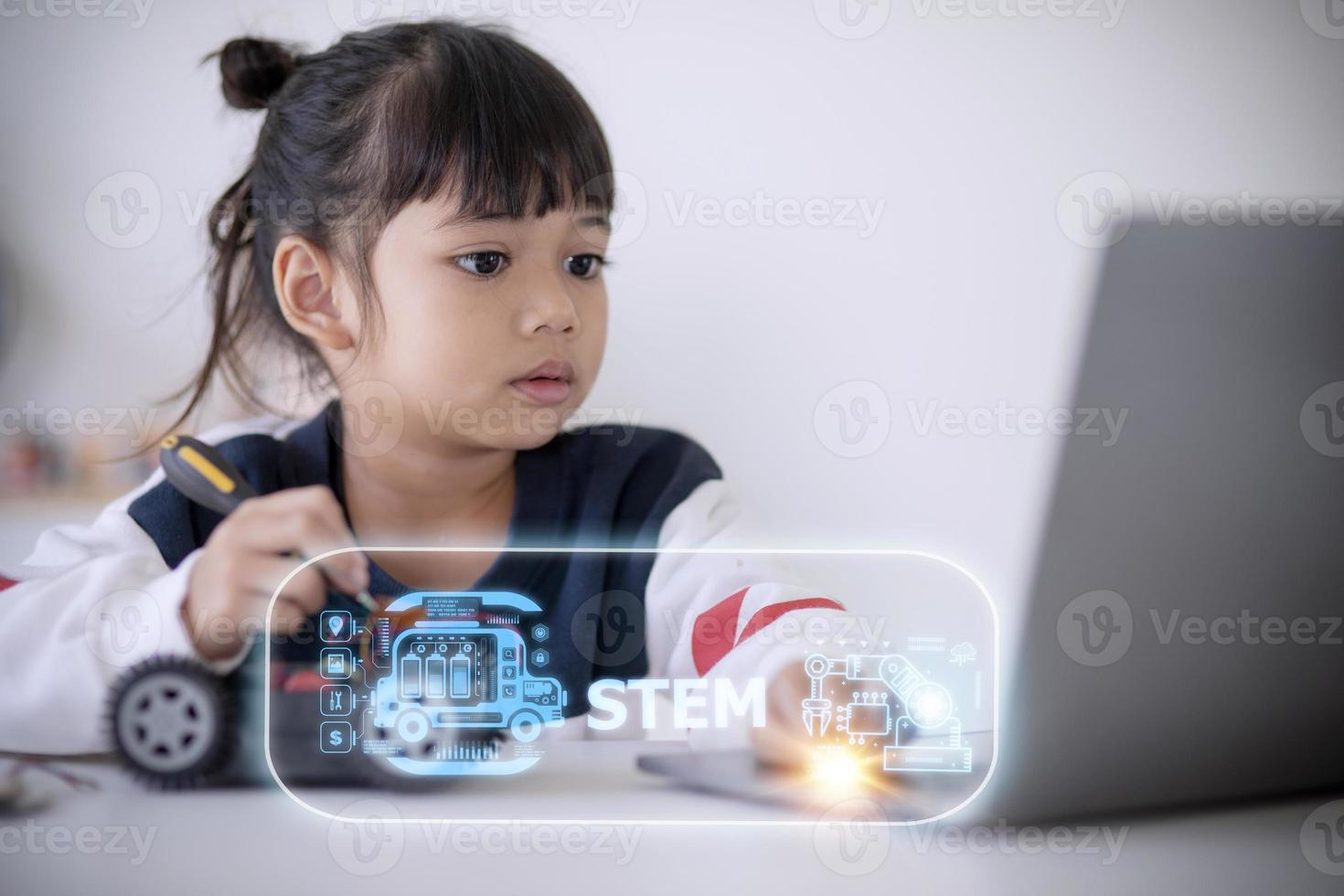 STEM school kids learning education technology building robot car creative ideas construction development programming analysis, graphical icons UI screen photo