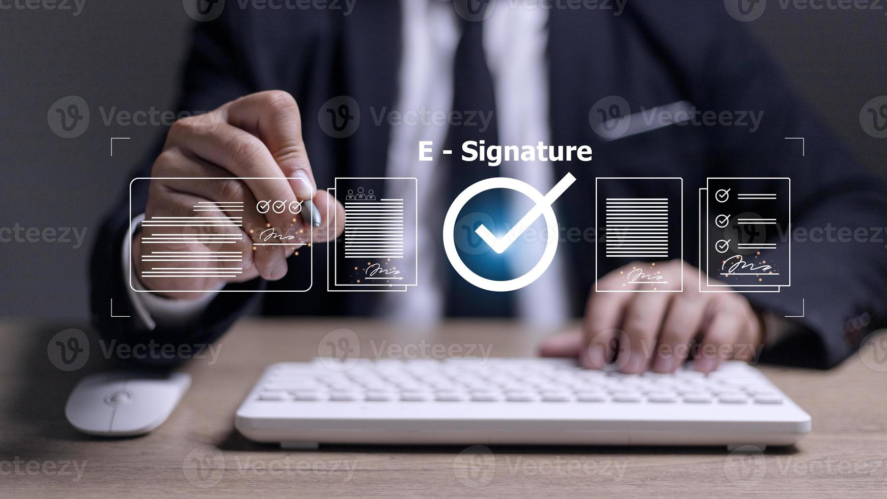 Online business contract Electronic signature, e-signing, digital document management, paperless office, signing business contract concept. photo