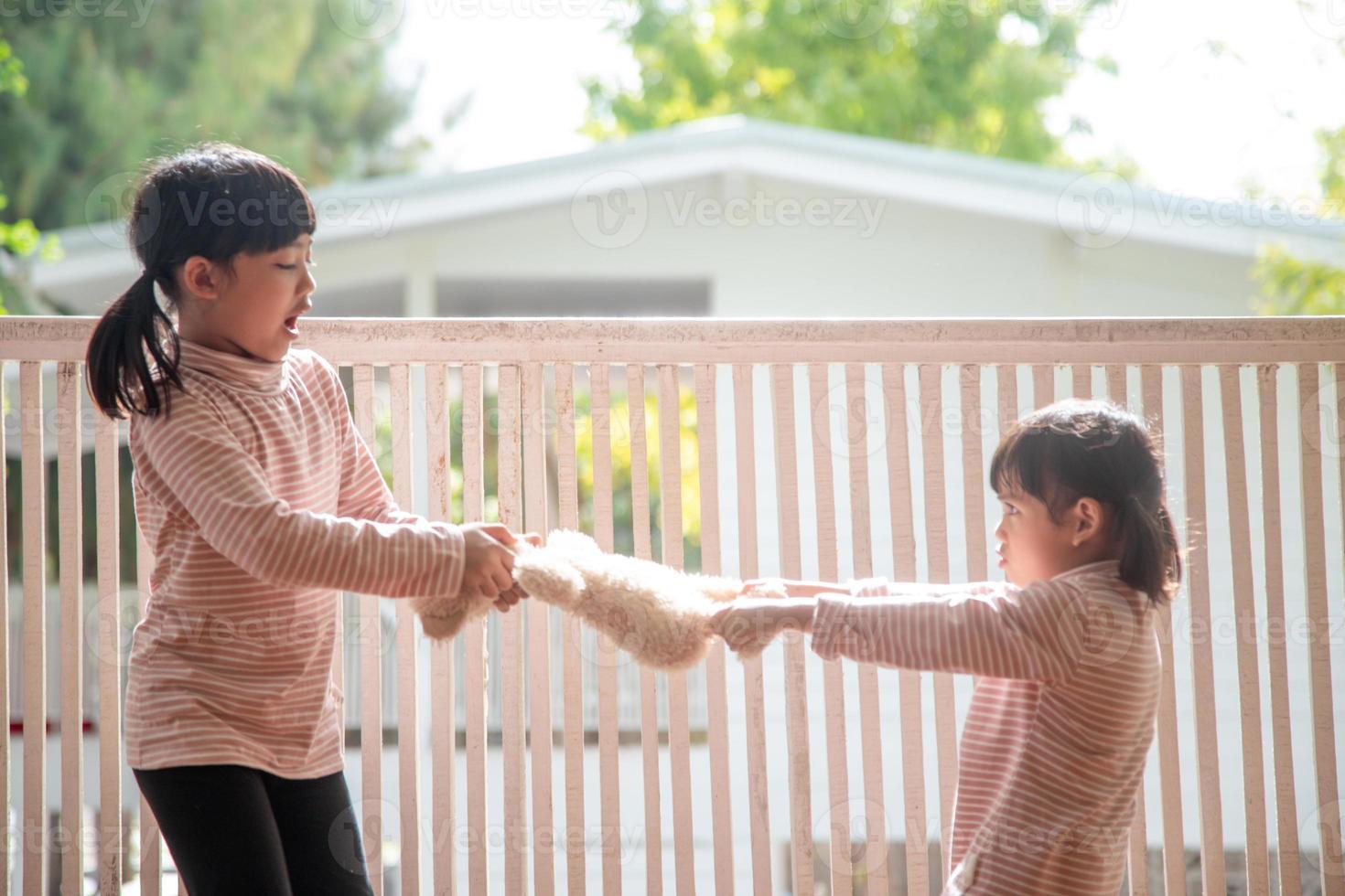 two little girl fighting over bear photo