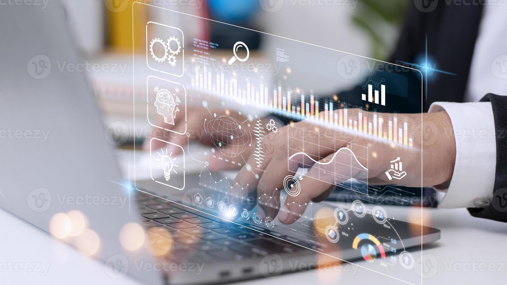 Data scientists. Man programmer using laptop analyzing and development at various information on futuristic virtual interface screen. Algorithm. marketing and deep learning of artificial intelligence photo